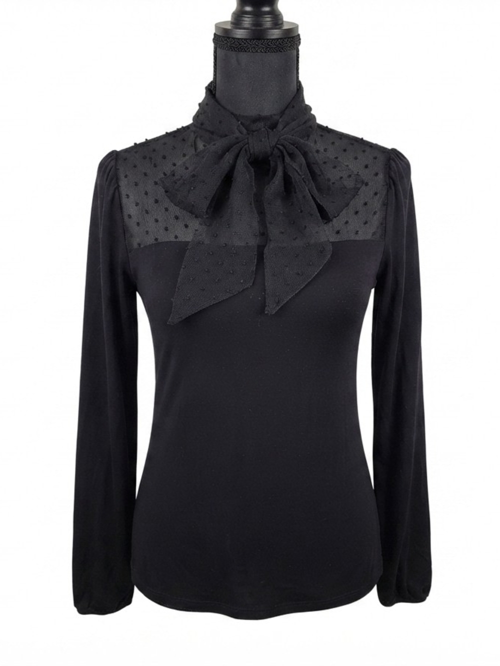 Kim & Cami Black Sheer Dot Bow-Tie Long Sleeve Top